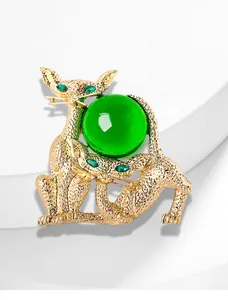 Vue détaillée de la broche chat vintage avec sphère en verre vert et finition dorée texturée