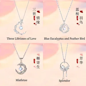 Set of 4 elegant moonstone necklaces in silver finish with celestial leaf motifs