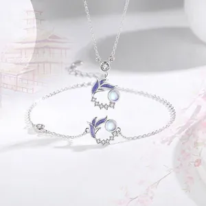 Alter Chinesischer Stil Zinklegierung Halskette Armband Set Mit Künstlichem Mondstein Lila Emaille Strass Schlüsselbein Kette Schmuck Für Damen