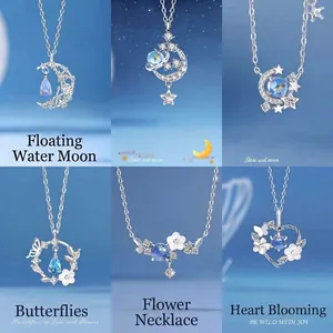 Elegante S925 zilveren kettingen met hemelse maan en bloemen kristallen hangers
