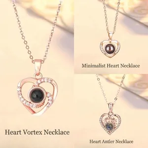 Rose Gold Heart Projection Necklace Hundred Languages I Love You Rhinestone Pendant Zinc Alloy Jewelry Valentine Gift Women