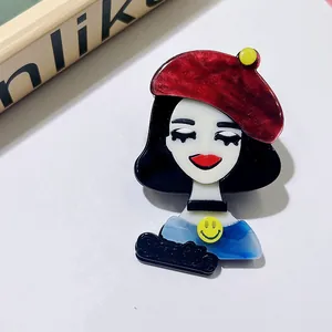 Broche en Acrylique Fille de Dessin Animé Béret Rouge Graphique Sourire Badge de Mode Mignon Accessoire pour Sacs Vêtements Femme Enfants