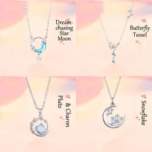 Originele Lichte Luxe Ster Maan Hanger Halsketting Voor Vrouwen Blauw Strass Vlinder Planeet Sneeuwvlok Sleutelbeen Ketting Sieraden