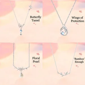 Fashion Elegant Moonstone Glass Butterfly Pendant Necklace Light Luxury Sweet Floral Pearl Bamboo Tassel Clavicle Chain Necklace Jewelry Gift For Women