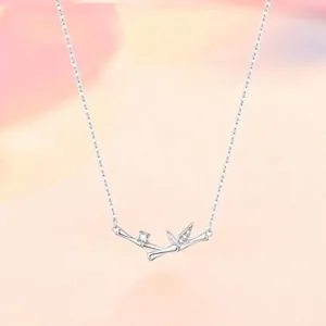 Elegant dainty silver bamboo branch necklace with sparkling zirconia pendant for women