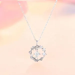 Detailed close-up of a silver dolphin pendant necklace with sparkling zircons.