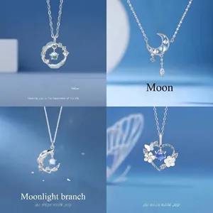 Elegant Alloy Rhinestone Pendant Necklace Fairy Style Heart Moon Feather Branch Butterfly Silver Plated Women Jewelry Gift