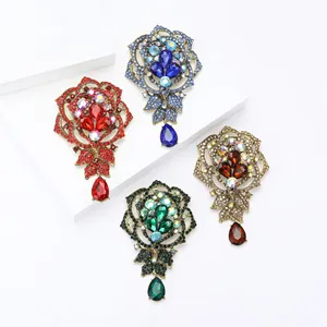 Vintage Rose Flower Brooch For Women Alloy Rhinestone Hollow Floral Brooch Pin With Water Drop Pendant Fashion Dress Accessories Jewelry