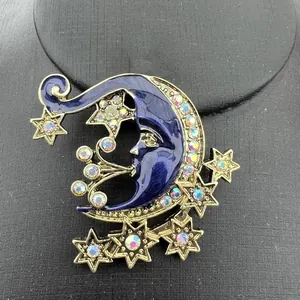 Vintage Emaille Mann im Mond Stern Brosche Pin Legierung Vergoldet AB Strass Retro Celestial Revers Abzeichen Schmuck Damen Herren