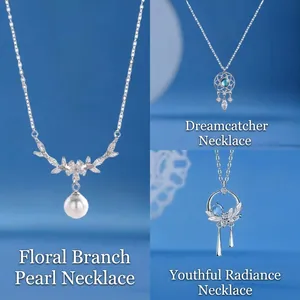 Elegant silver pearl necklace set featuring flower branch and dreamcatcher designs