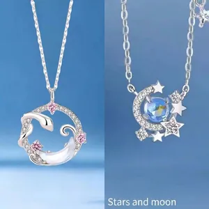 Elegant silver necklaces with snake, crescent moon and star motifs, adorned with gemstones