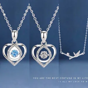 Silver heart necklace set with blue gemstone heart and elegant bamboo pendant jewelry