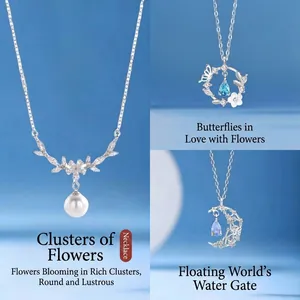 Silver floral necklace collection with pearl and blue butterfly crescent moon pendants