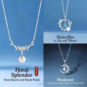 Elegant silver floral necklace with white pearls and sparkling blue gemstone accents