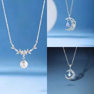 Elegant silver flower pearl and crescent moon gemstone necklaces for women jewelry