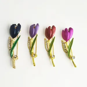 Elegant Tulip Flower Brooch For Women Alloy Colorful Drip Oil Enamel Rhinestone Suit Corsage Formal Accessories Jewelry