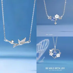 Silver bamboo and floral heart necklaces with blue stones in a professional collage