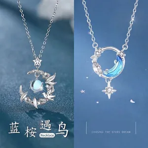 Nieuwe Chinese Stijl Legering Strass Hanger Halsketting Voor Vrouwen Blauw Eucalyptus Vogel Ster Maan Choker Sieraden Cadeau