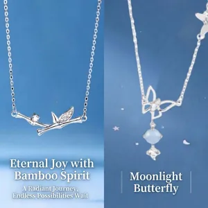 Elegant silver bamboo joint and butterfly pendant necklaces for women, blue background