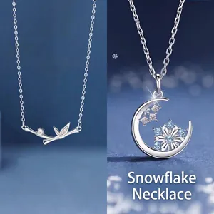 Elegant silver bamboo leaf pendant and snowflake crescent moon necklace set