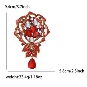 Elegant alloy red rhinestone rose flower brooch with a teardrop crystal pendant for women