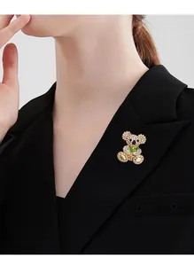 Detail view of a cute koala bear brooch with rhinestones worn on a black blazer