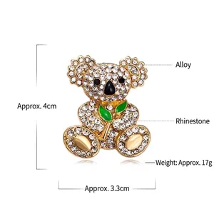 Elegant sparkling koala animal brooch pin with full clear rhinestones in gold alloy finish