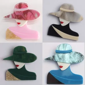 Modern Lady Portrait Brooch Acrylic Acetate Fashion Wide Brim Hat Woman Profile Pin Alloy Jewelry Decorative Gift