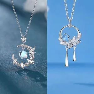 Silver necklaces with blue moonstone and leaf designs in New Chinese style