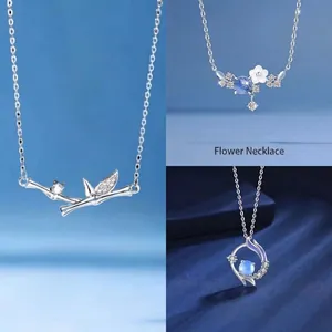 Silver bamboo, flower and fishtail pendant necklaces for women jewelry gift set