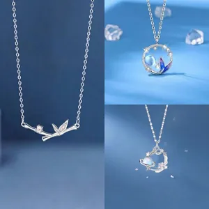 Elegant silver bamboo and celestial themed necklace set for women, dainty jewelry gift
