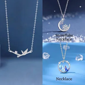 Elegant silver necklace set with bamboo pendant and sparkling moon snowflake designs