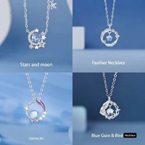 Hemelse Ster Maan Vogel Hanger Halsketting Voor Vrouwen Blauw Strass Kunstparel Verzilverd Legering Sieraden Cadeau