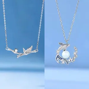 Silver bamboo joint necklace and whale tail pearl pendant necklace jewelry for women