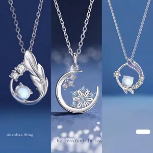 Elegant silver chain necklaces with unique moon snowflake and wing pendant styles