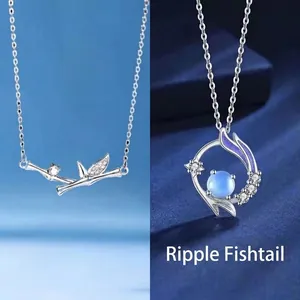 Elegant silver bamboo pendant and blue gemstone fishtail necklace gift for women