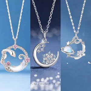 Elegant silver snake moon and snowflake pendant necklace set for women