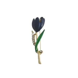 Elegant dark blue enamel tulip brooch with rhinestones for women's business wear.