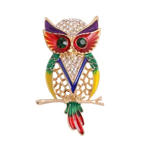 Vintage kleurrijke emaille uil broche met sprankelende strass en groene ogen voor dames