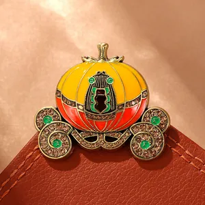 Elegant vintage pumpkin carriage enamel brooch with rhinestones for Halloween costume decoration