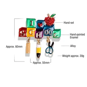 Cute I Love School colorful enamel brooch pin with apple and school supply charms