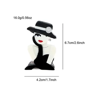 Detail view of black and white acrylic girl brooch with size and weight measurements