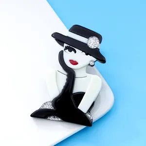 Vintage Artistic Acrylic Girl Silhouette Brooch Retro Fashion Elegant Dress Lady Figure Pin Jewelry Accessory For Women