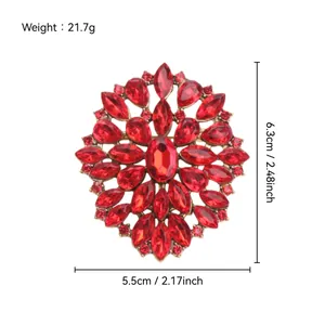 Detail van de rode stras broche met afmetingen 6,3 cm bij 5,5 cm en gewicht 21,7 g.