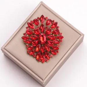 Gedetailleerd overzicht van een elegante rode strasbroche op een gouden geschenkdoos