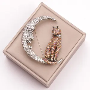 Vue détaillée de la broche lune et chat en strass étincelants sur une boîte cadeau