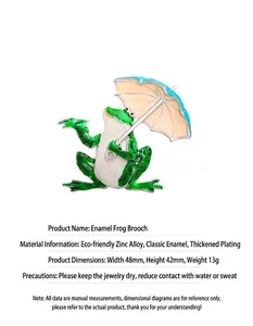 Detailed view of an alloy frog brooch holding a blue umbrella with green enamel finish.