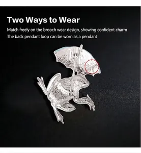 Detailed macro back view of silver frog umbrella brooch showing dual wear options