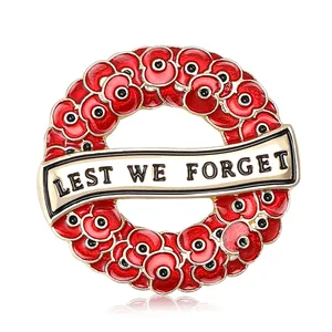 Creative Alloy Enamel Poppy Wreath Brooch Fashion Lest We Forget Slogan Pin For Women Remembrance Day Jewelry Gift