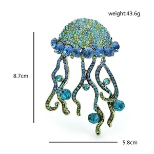 Detailed macro view of sparkly blue and green rhinestone jellyfish brooch with weight info